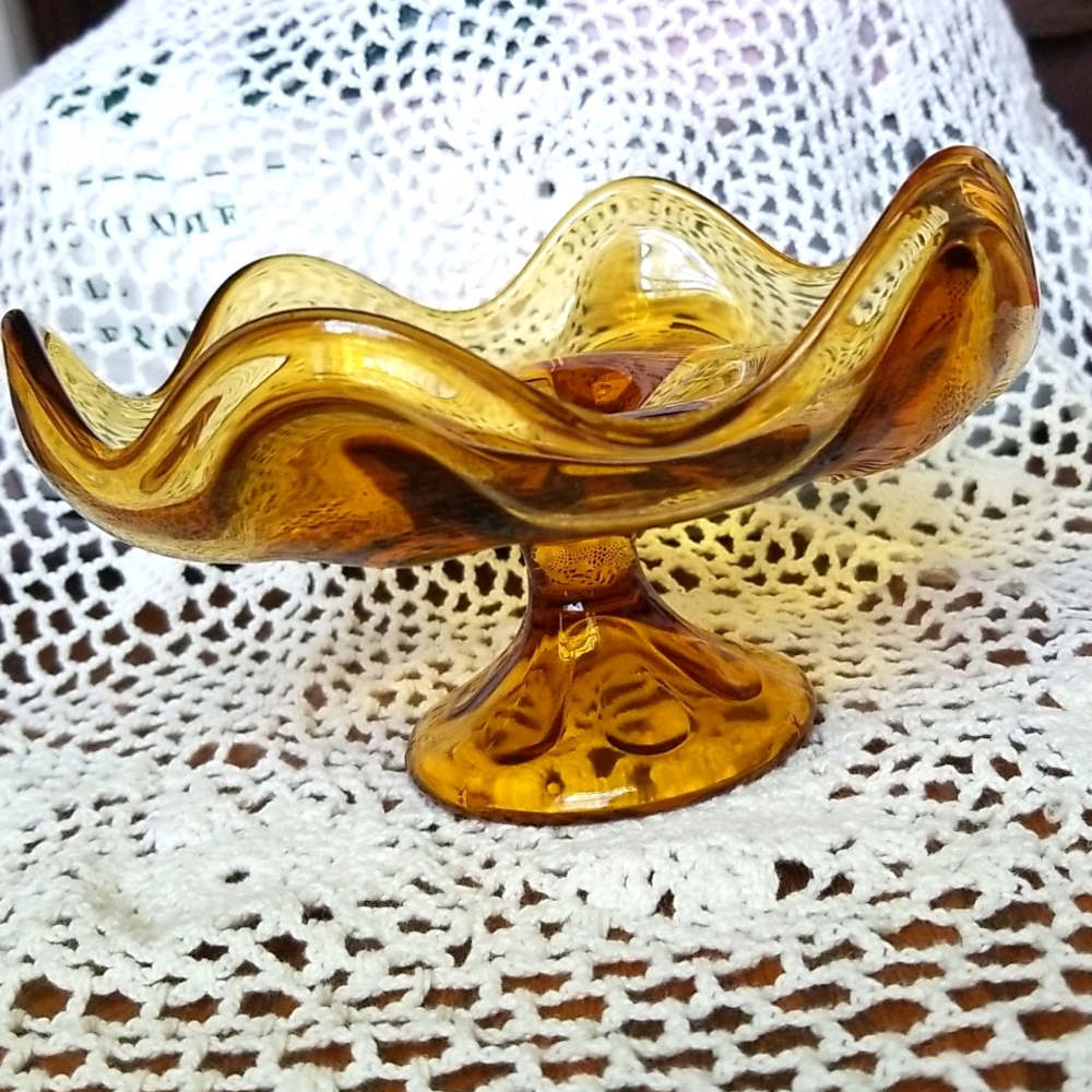 Vintage Viking Amber Colored Glass Pedestal Open Compote